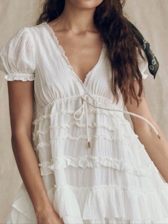 Free People Dresses & Skirts - Free People Darcy White Ruffled Mini Dress with Tie Waist